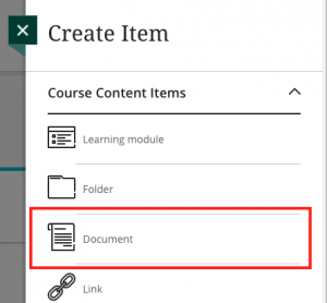 Create Item menu with document highlighted