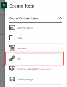 Create Item menu with Link highlighted