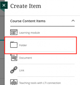 Create Item menu with Folder highlighted